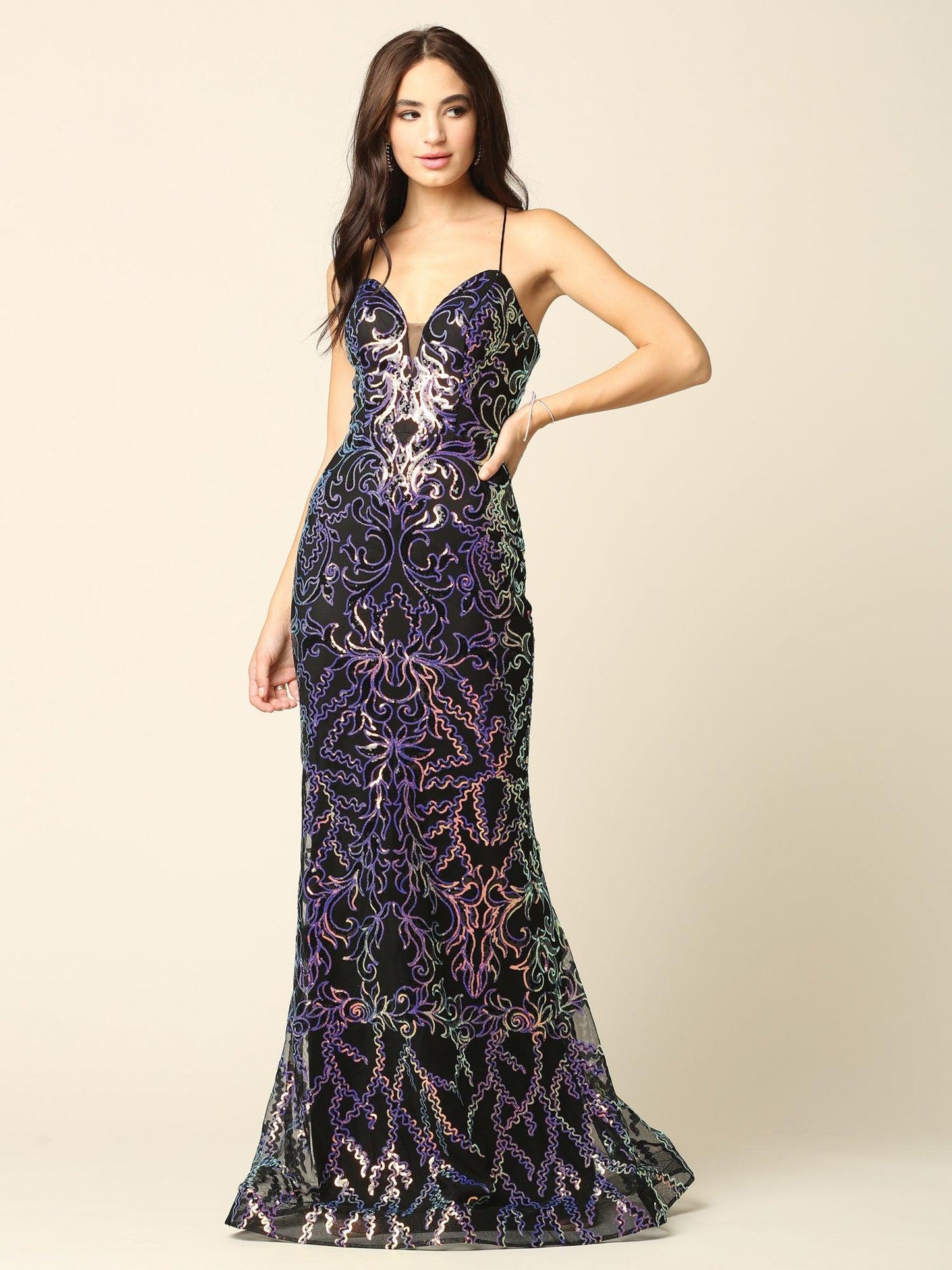 Long Formal Spaghetti Strap Fitted Prom Dress - The Dress Outlet