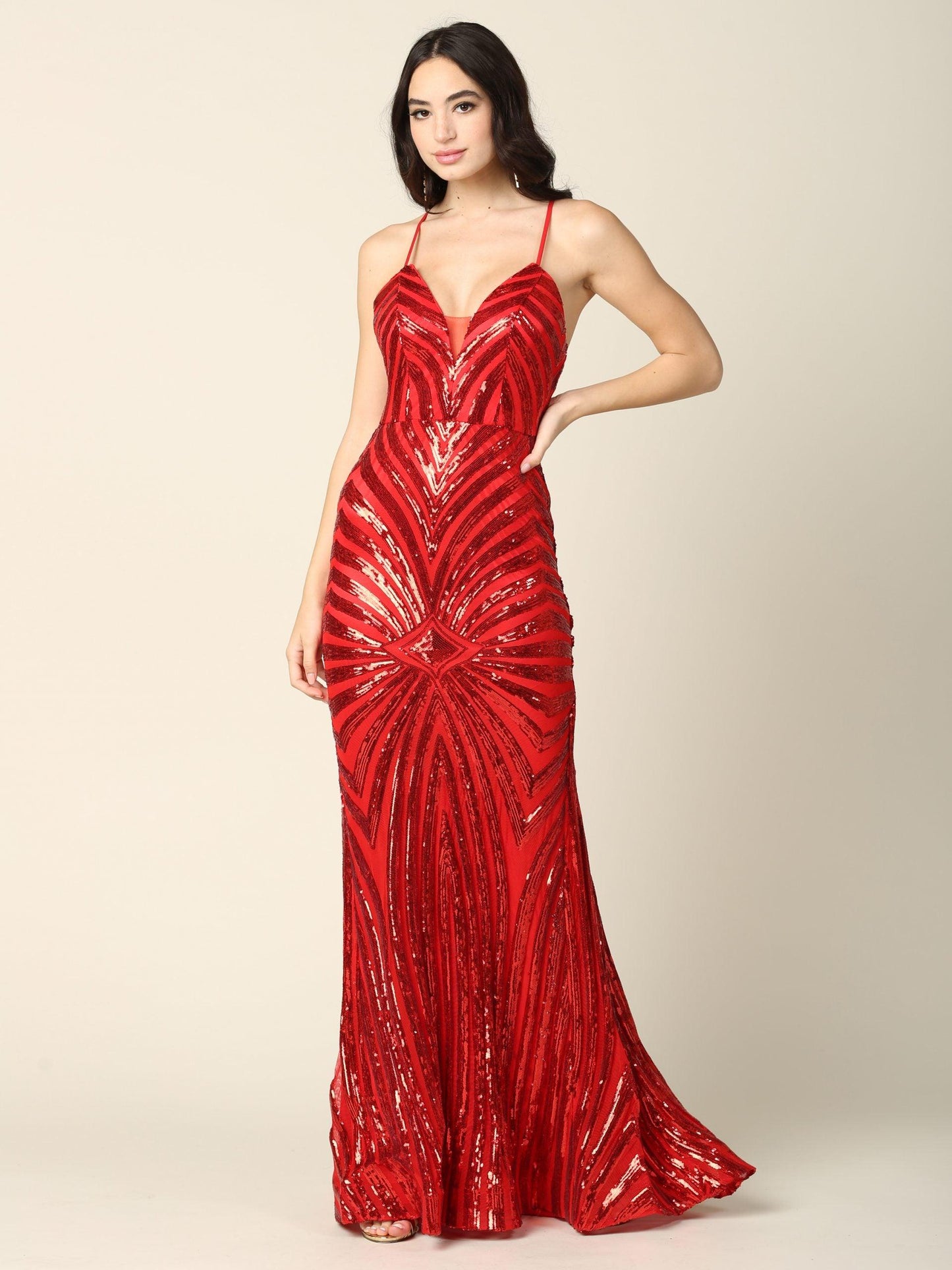 Long Formal Spaghetti Strap Sequins Prom Dress - The Dress Outlet