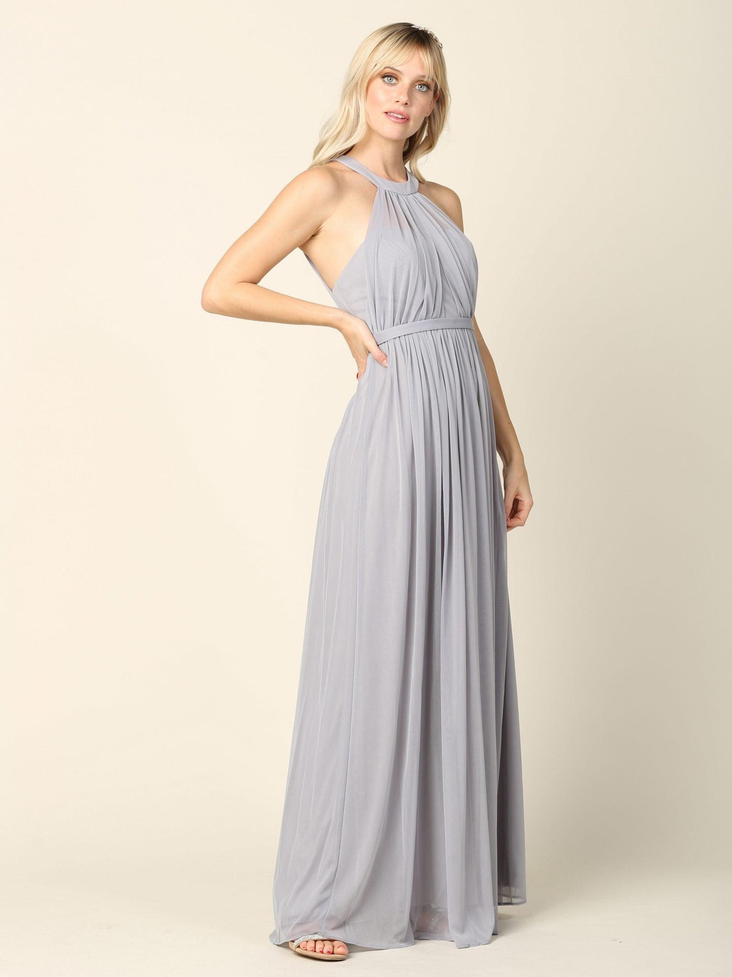 Long Halter Bridesmaid Dress Silver