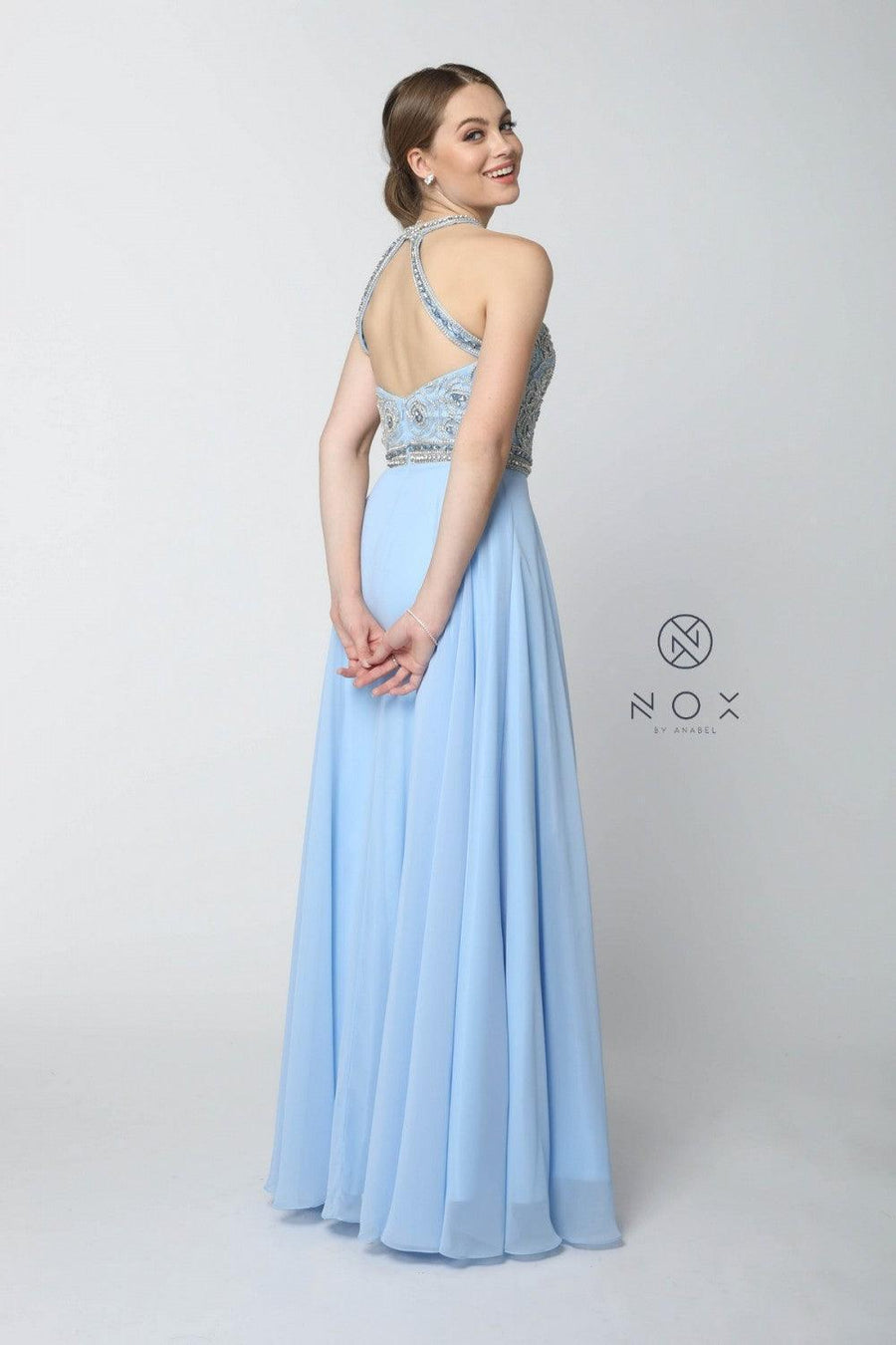 Long High Neck Jeweled Prom Dress - The Dress Outlet Nox Anabel