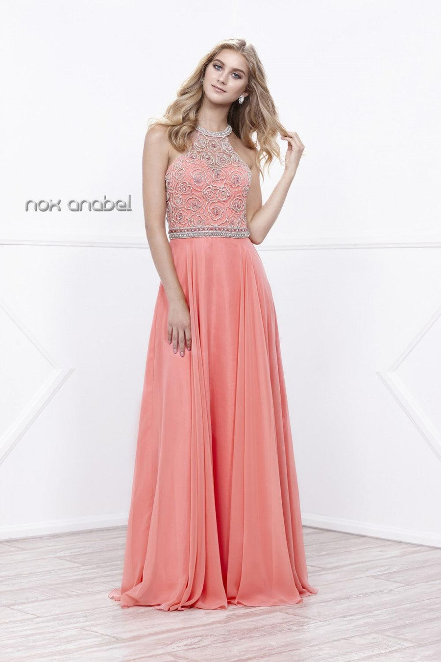 Long High Neck Jeweled Prom Dress - The Dress Outlet Nox Anabel