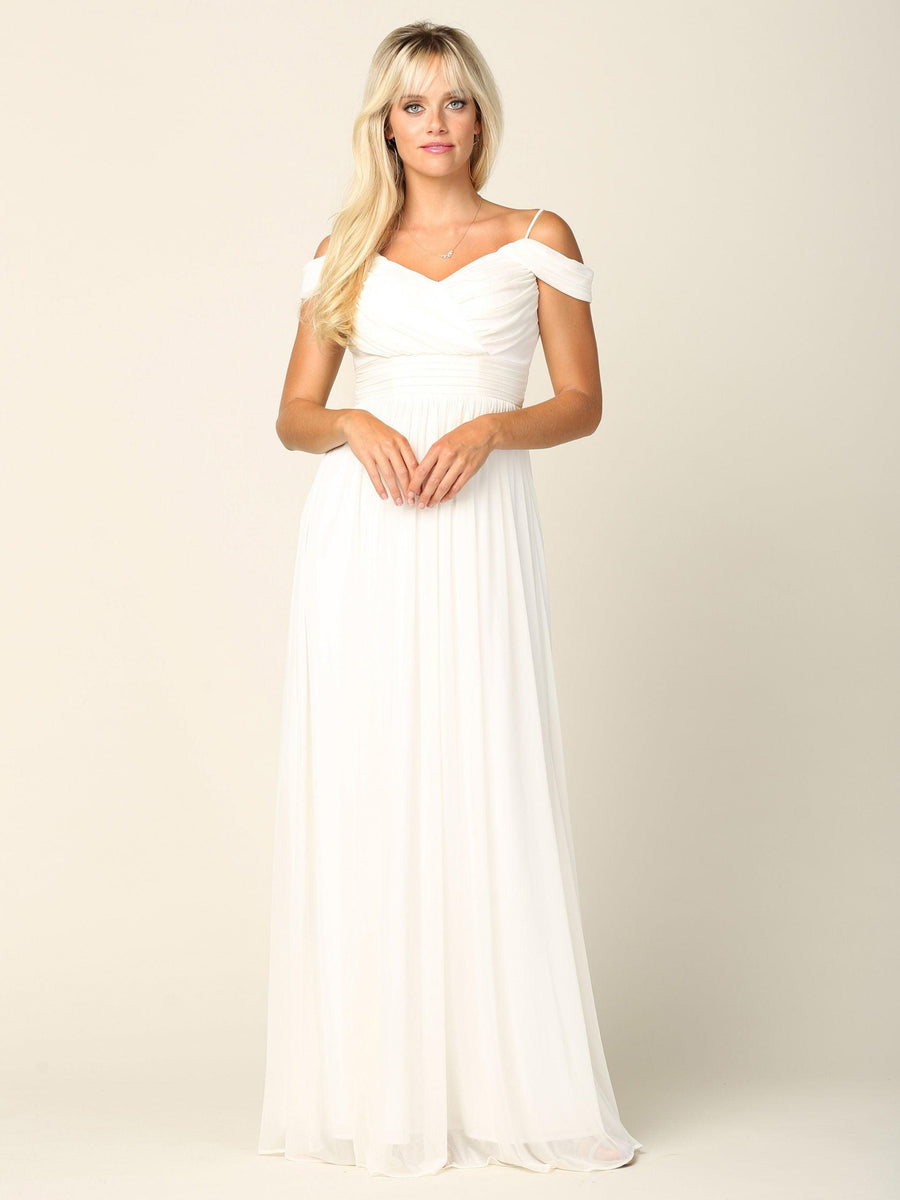 Long Off Shoulder Bridesmaid Pleated Dress - The Dress Outlet