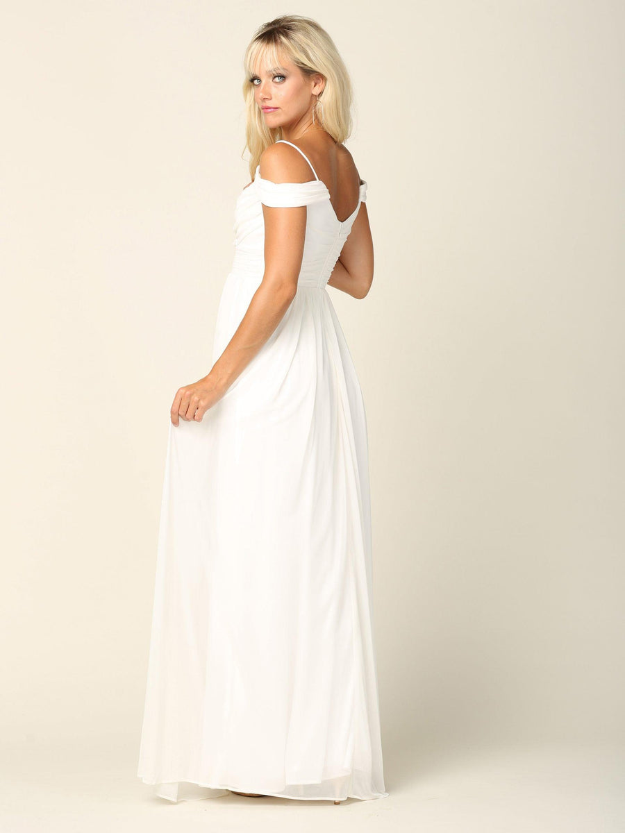 Long Off Shoulder Bridesmaid Pleated Dress - The Dress Outlet