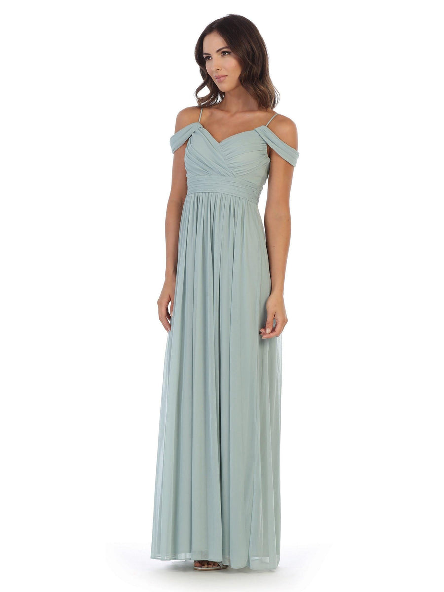 Long Off Shoulder Bridesmaid Pleated Dress - The Dress Outlet