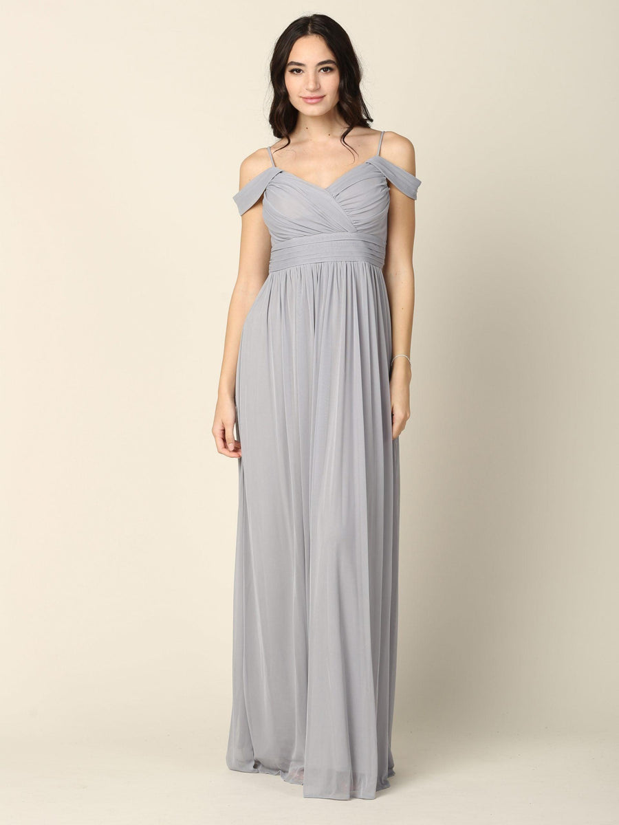 Long Off Shoulder Bridesmaid Pleated Dress - The Dress Outlet