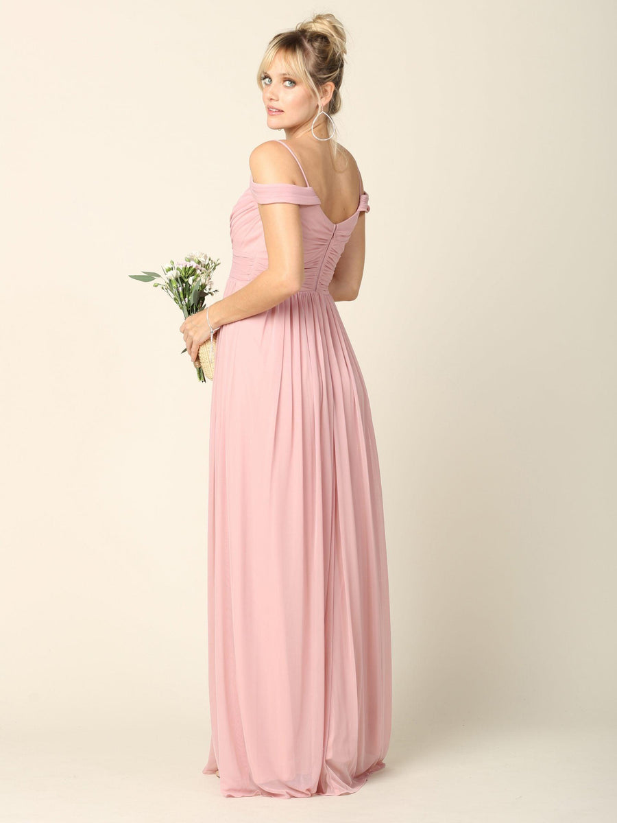 Long Off Shoulder Bridesmaid Pleated Dress - The Dress Outlet