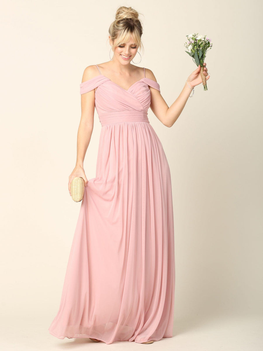 Long Off Shoulder Bridesmaid Pleated Dress - The Dress Outlet