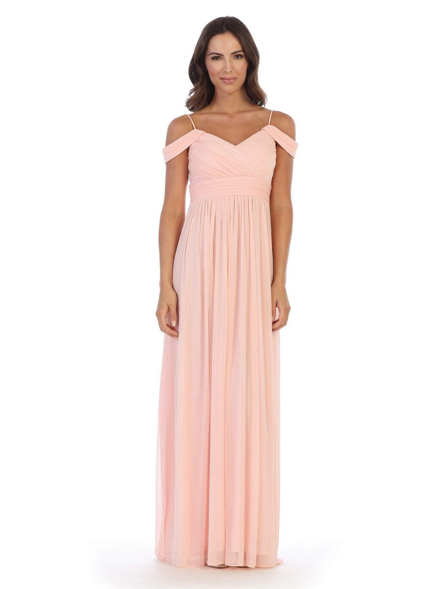 Long Off Shoulder Bridesmaid Pleated Dress - The Dress Outlet