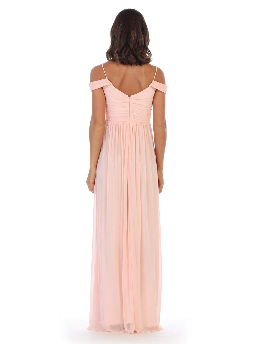 Long Off Shoulder Bridesmaid Pleated Dress - The Dress Outlet