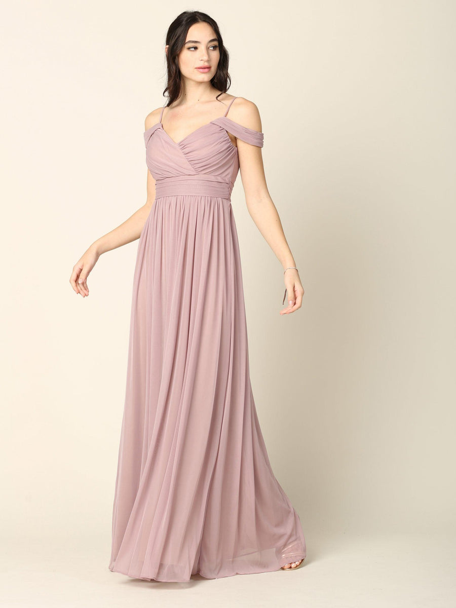 Long Off Shoulder Bridesmaid Pleated Dress - The Dress Outlet