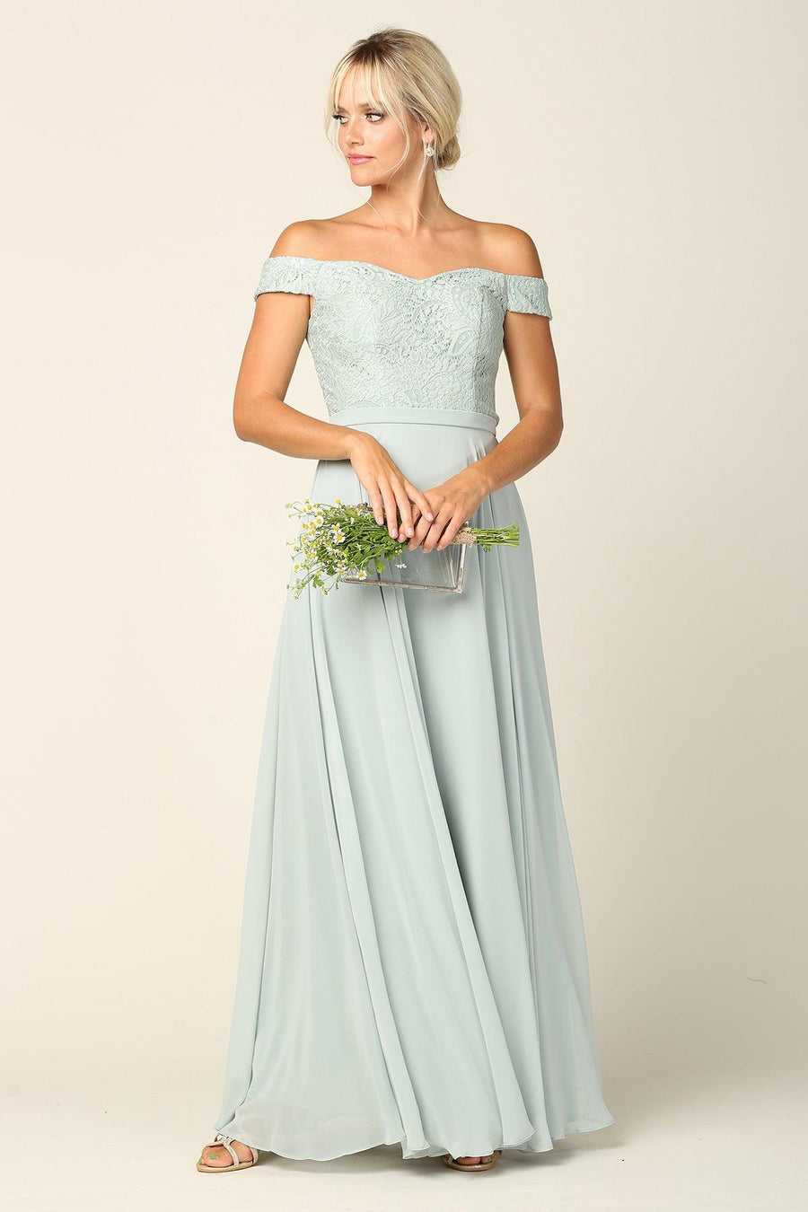 Long Off Shoulder Lace Bodice Bridesmaids Dress - The Dress Outlet