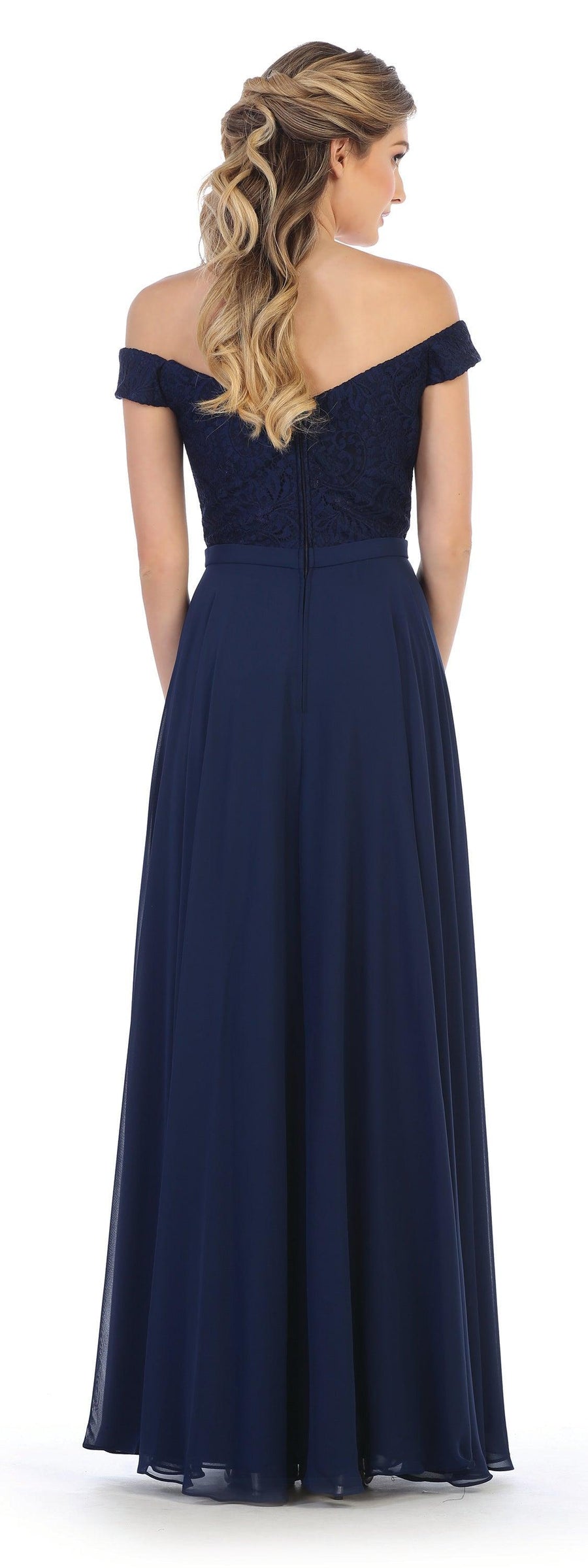 Long Off Shoulder Lace Bodice Bridesmaids Dress - The Dress Outlet