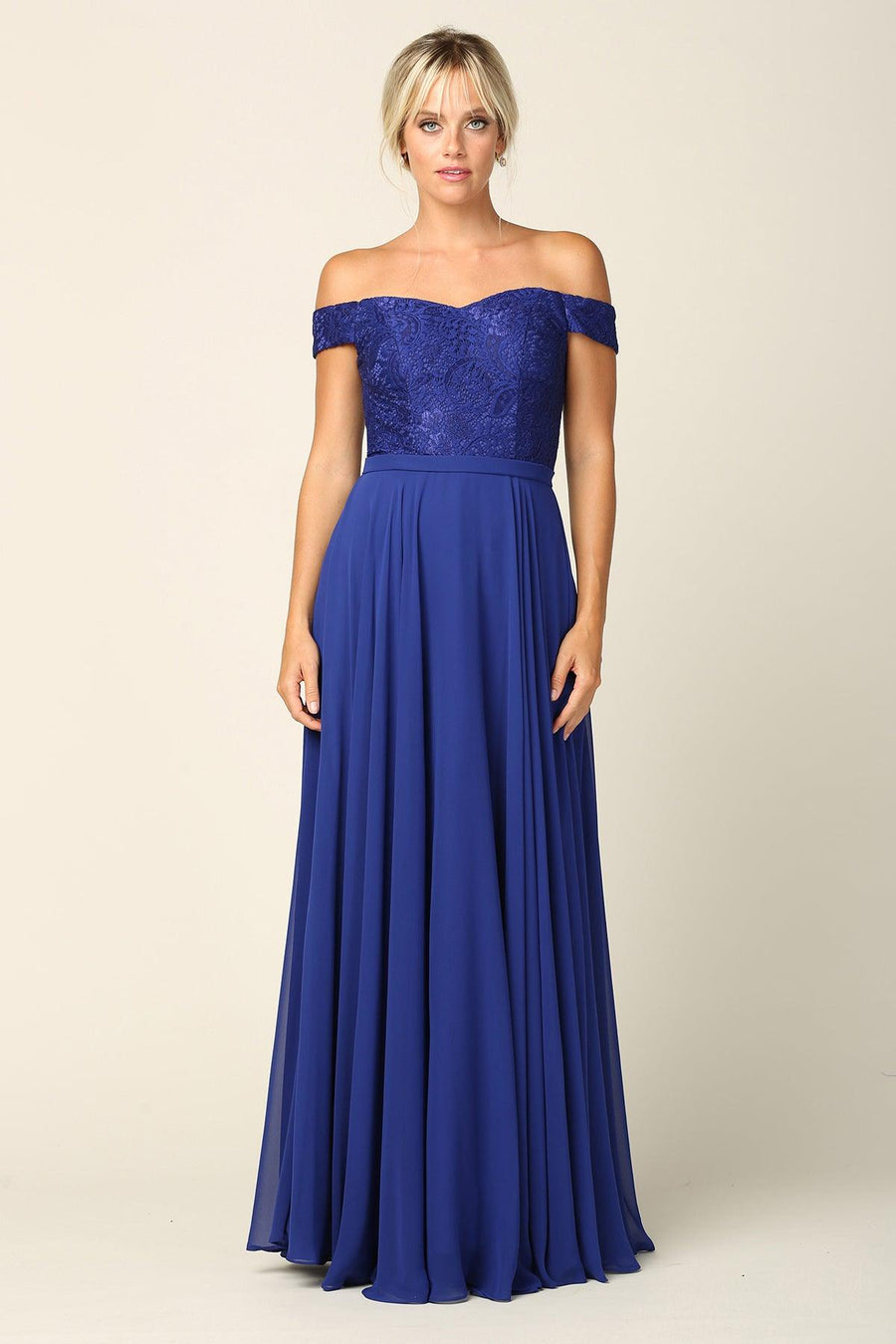 Long Off Shoulder Lace Bodice Bridesmaids Dress - The Dress Outlet