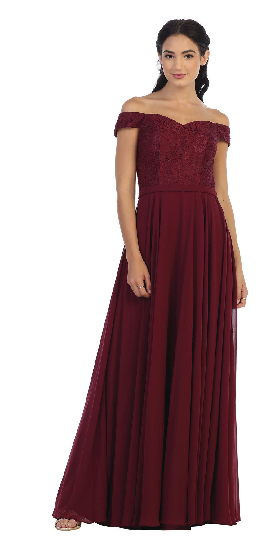 Long Off Shoulder Lace Bodice Bridesmaids Dress - The Dress Outlet