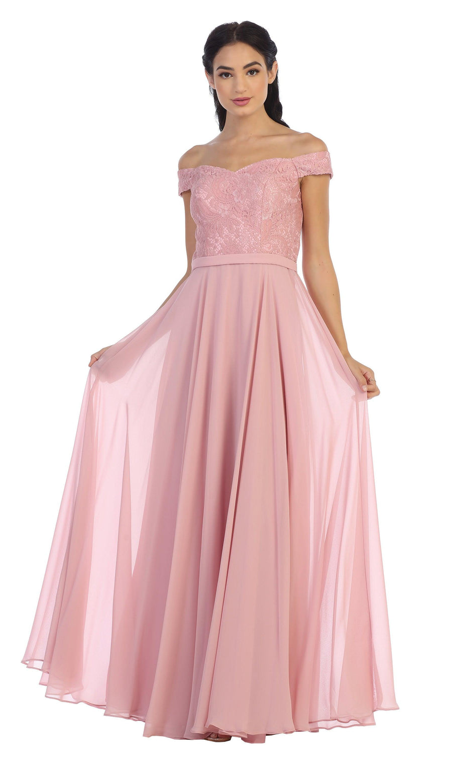 Long Off Shoulder Lace Bodice Bridesmaids Dress - The Dress Outlet