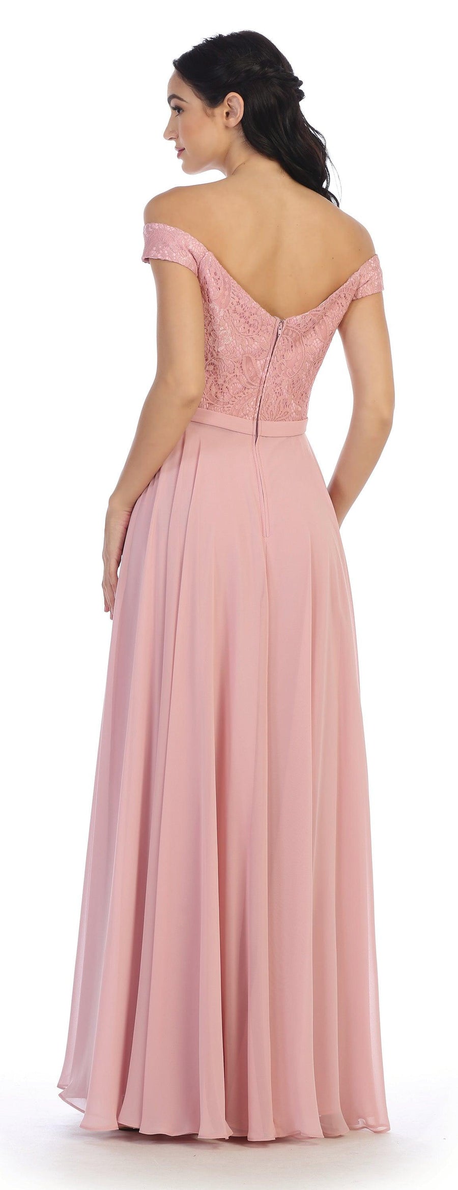 Long Off Shoulder Lace Bodice Bridesmaids Dress - The Dress Outlet