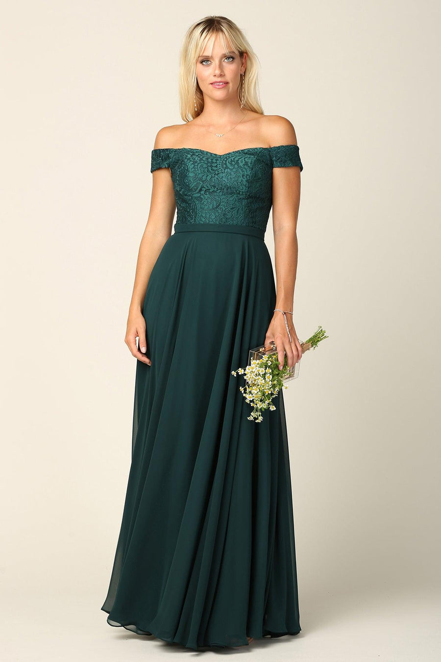 Long Off Shoulder Lace Bodice Bridesmaids Dress - The Dress Outlet