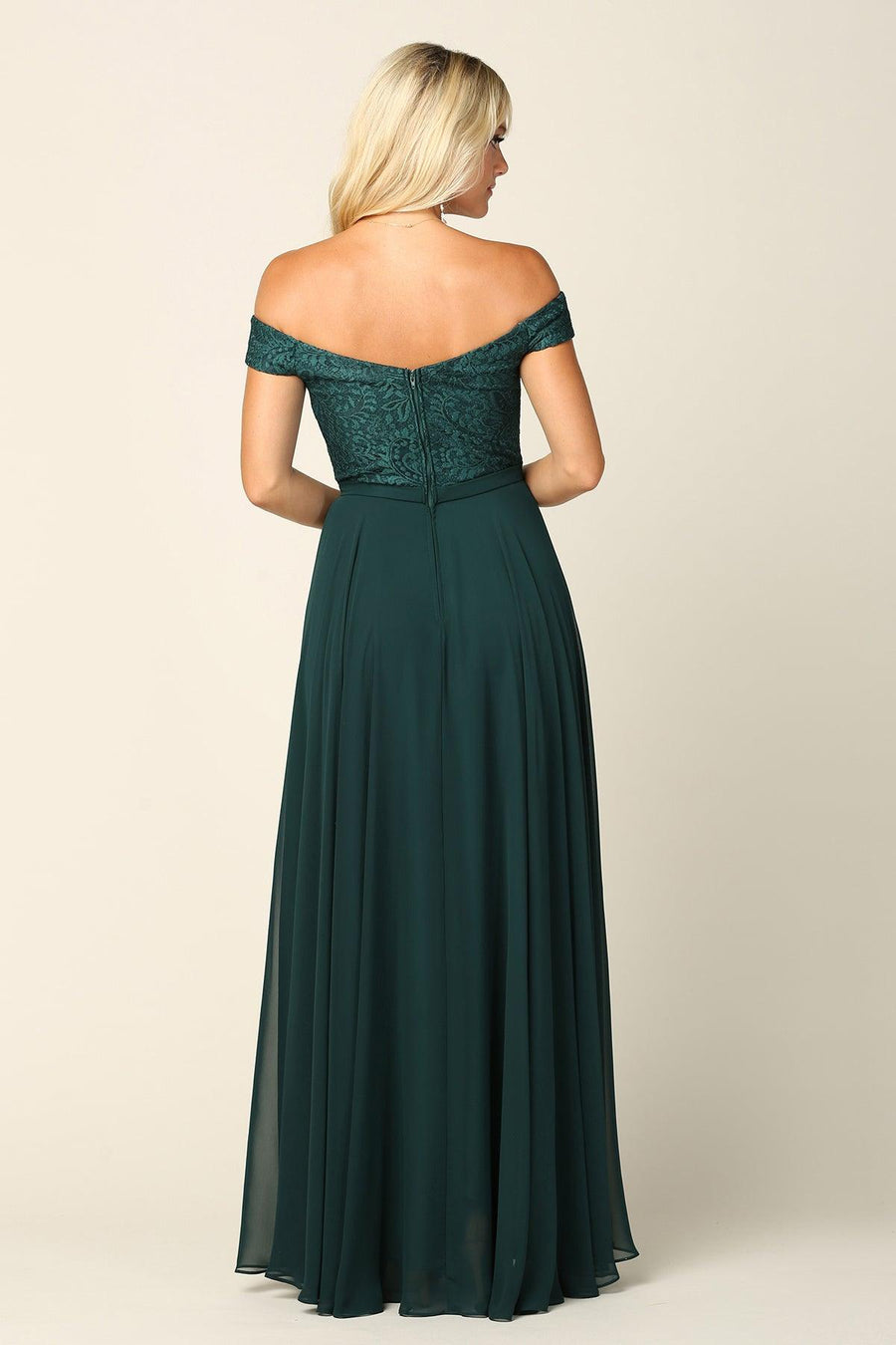 Long Off Shoulder Lace Bodice Bridesmaids Dress - The Dress Outlet