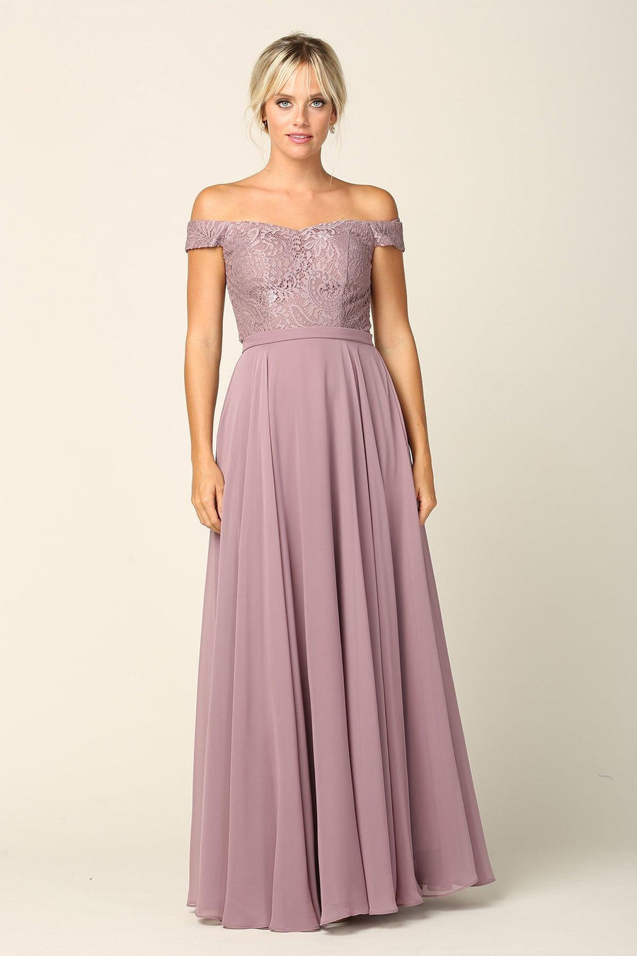 Long Off Shoulder Lace Bodice Bridesmaids Dress - The Dress Outlet