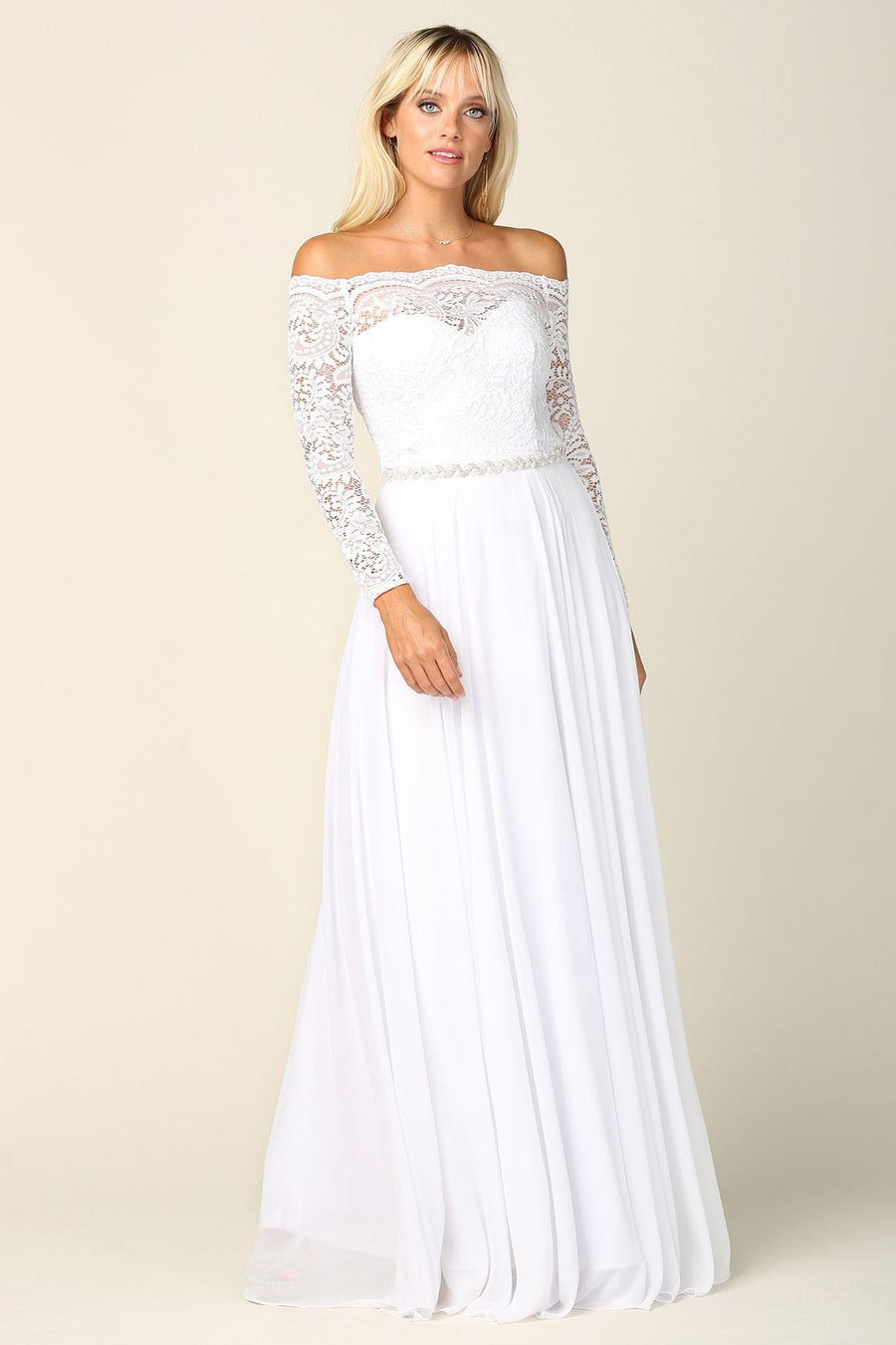 Long Off Shoulder Lace Chiffon Wedding Dress Sale - The Dress Outlet