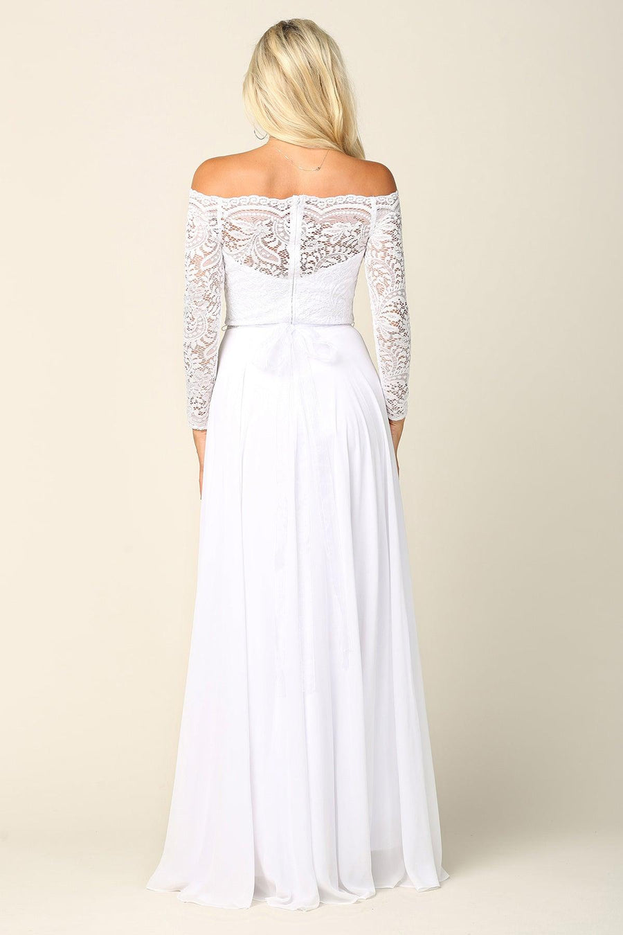 Long Off Shoulder Lace Chiffon Wedding Dress - The Dress Outlet