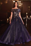 Long Off Shoulder Prom Gown Navy Gold