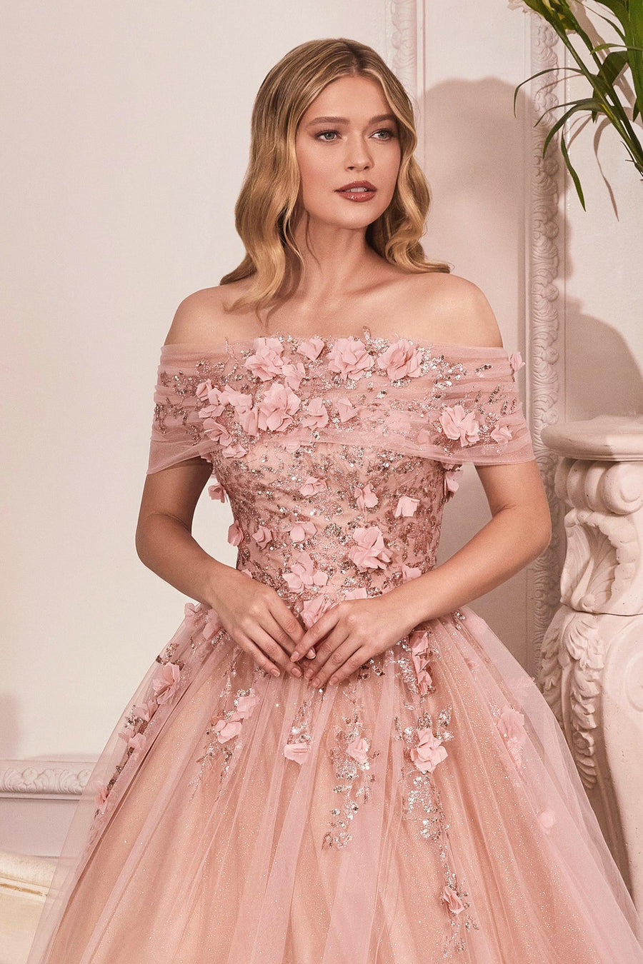 Long Off Shoulder Prom Gown Rose Gold