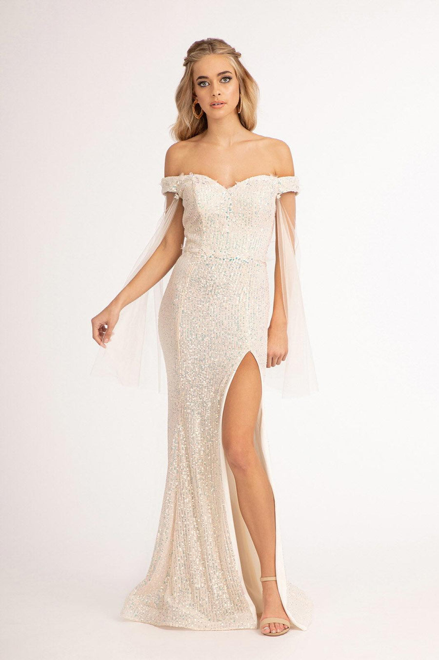 Long Off Shoulder Sequined Mermaid Prom Gown - The Dress Outlet