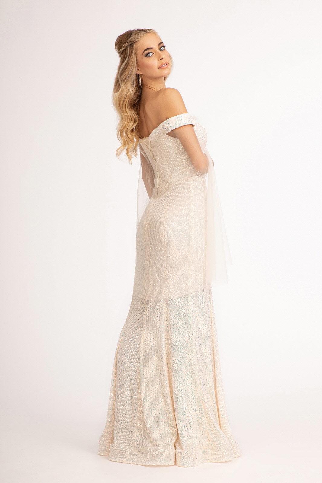 Long Off Shoulder Sequined Mermaid Prom Gown - The Dress Outlet