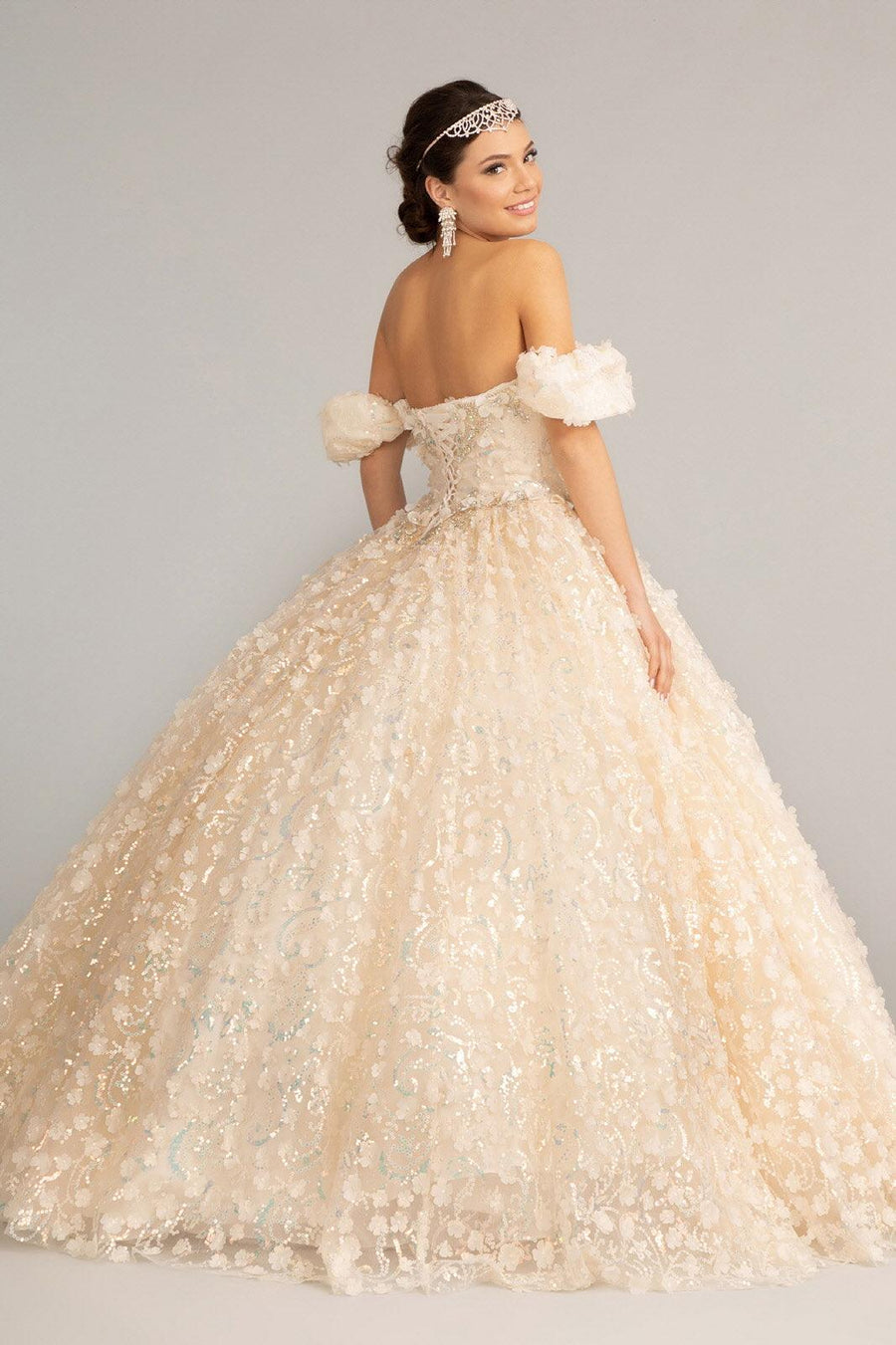 Long Quinceanera Dress Off Shoulder Mesh Ball Gown - The Dress Outlet