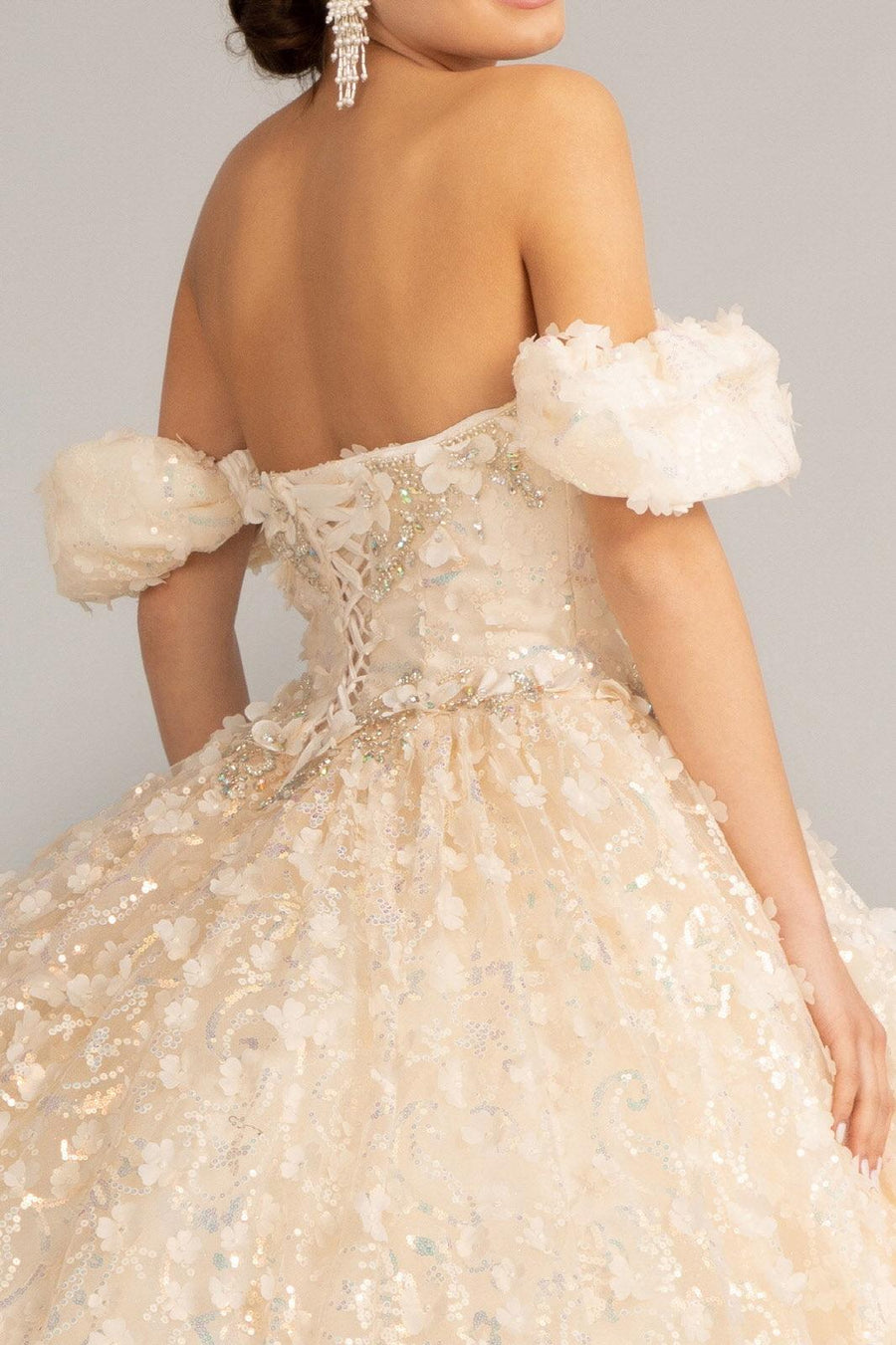 Long Quinceanera Dress Off Shoulder Mesh Ball Gown - The Dress Outlet