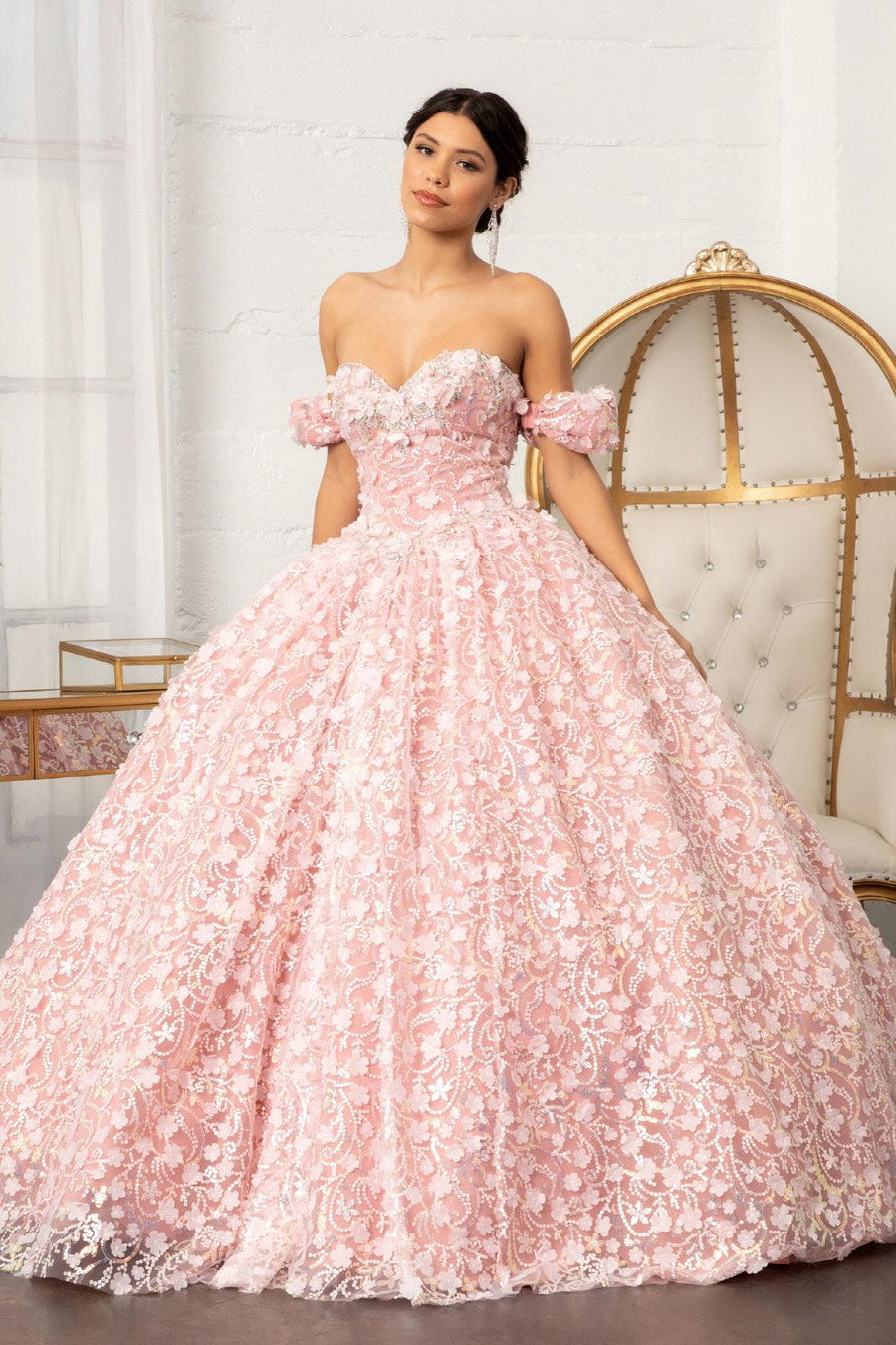 Long Quinceanera Dress Off Shoulder Mesh Ball Gown - The Dress Outlet