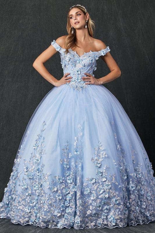 Bahama Blue Long Quinceanera Off Shoulder Floral Ball Gown for $591.99 ...