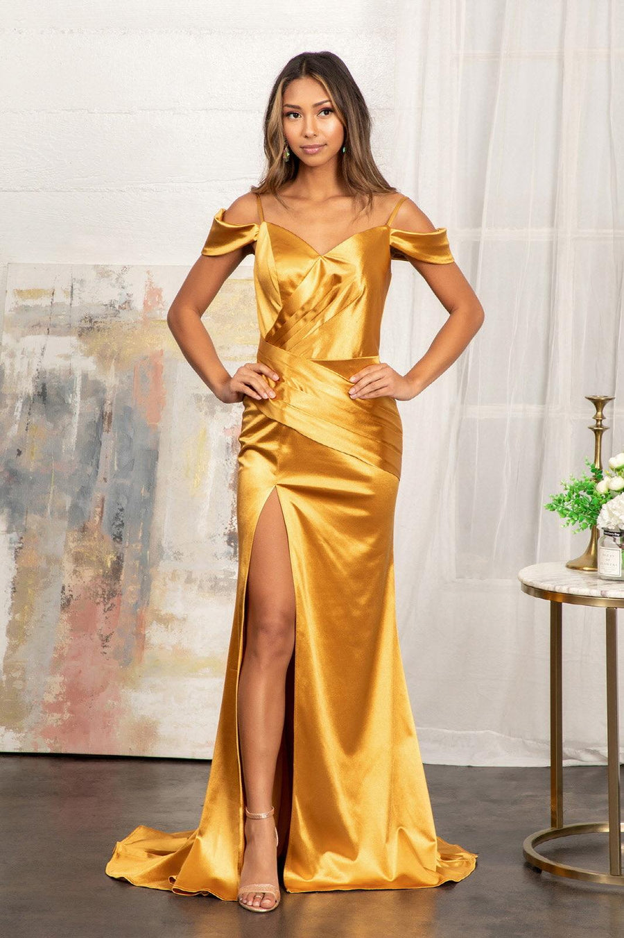 Long Satin Off Shoulder Mermaid Evening Dress - The Dress Outlet