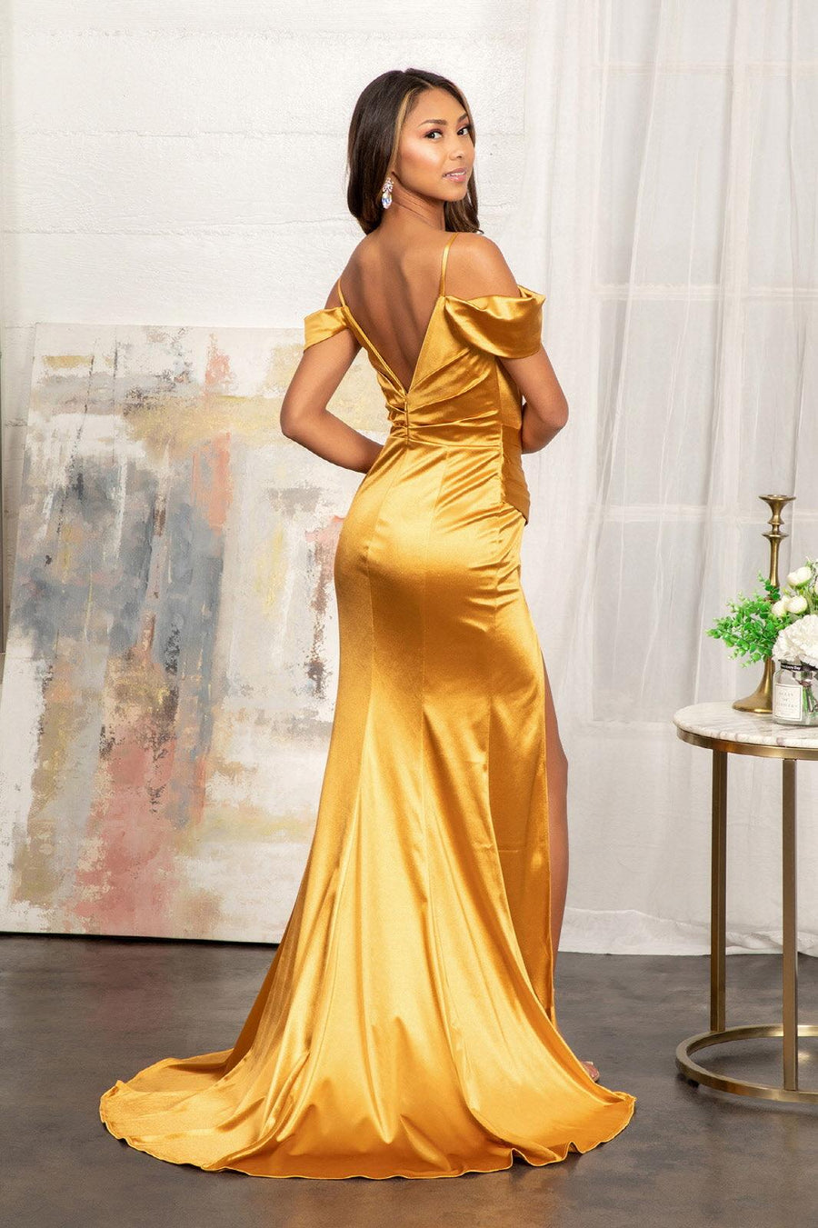 Long Satin Off Shoulder Mermaid Evening Dress - The Dress Outlet