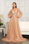 Long Sleeve Formal Glitter Evening Prom Dress - The Dress Outlet