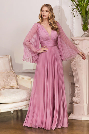 One-shoulder Long-sleeves, Satin Pleated Formal, Gown Dress