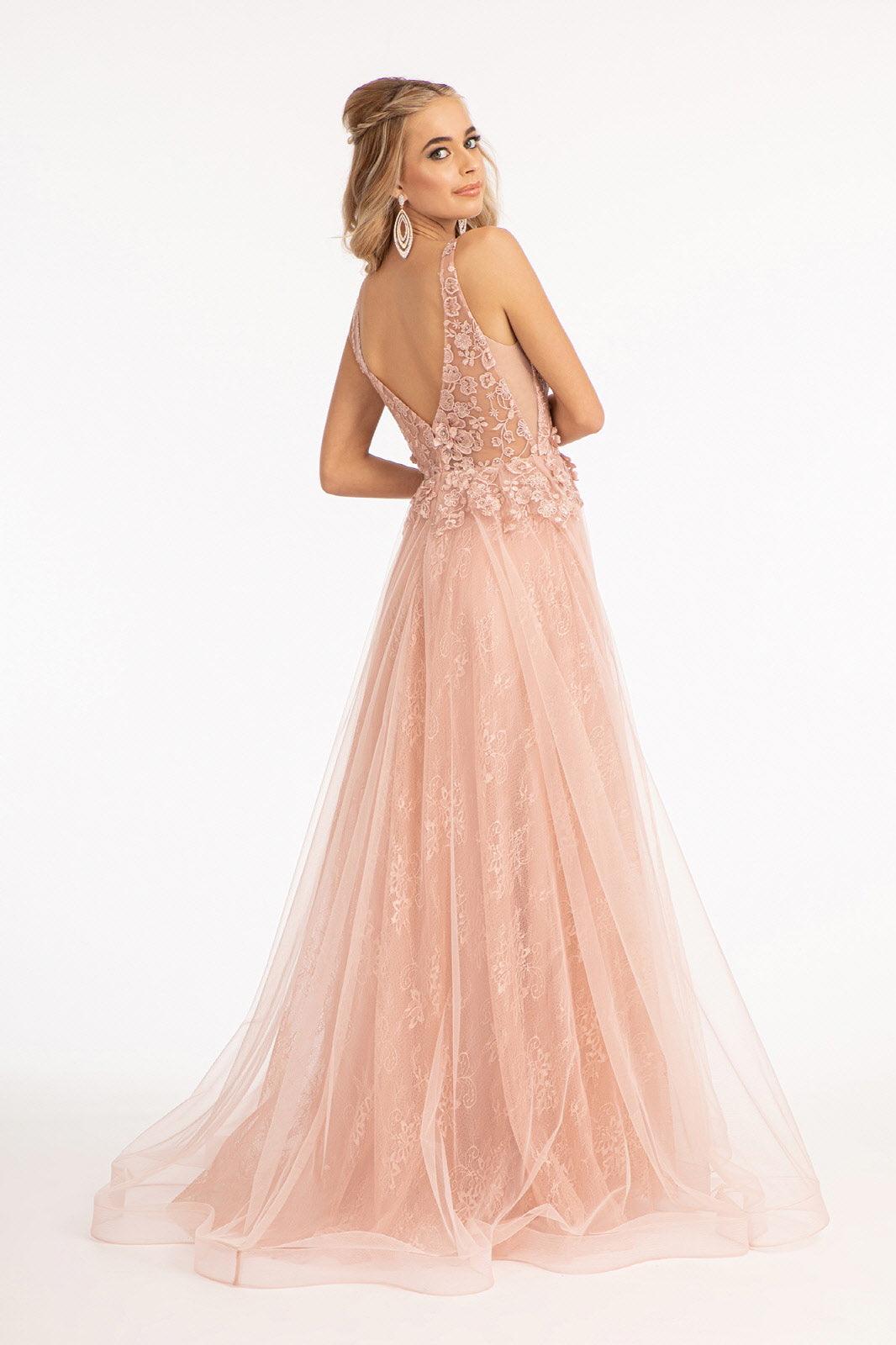 Long Sleeveless Formal A Line Lace Mesh Prom Gown - The Dress Outlet