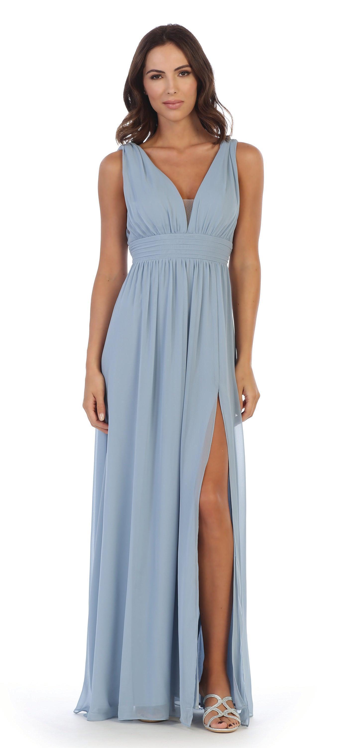 Long Sleeveless Formal Bridesmaids V Neck Dress Sale - The Dress Outlet