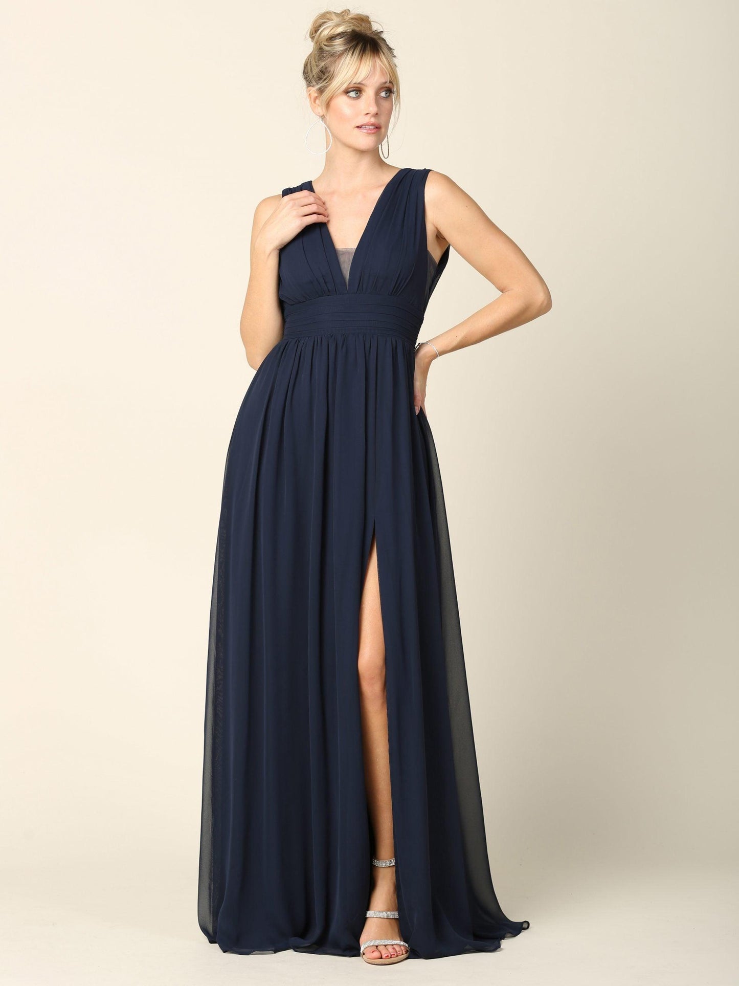 Long Sleeveless Formal Bridesmaids V Neck Dress Sale - The Dress Outlet