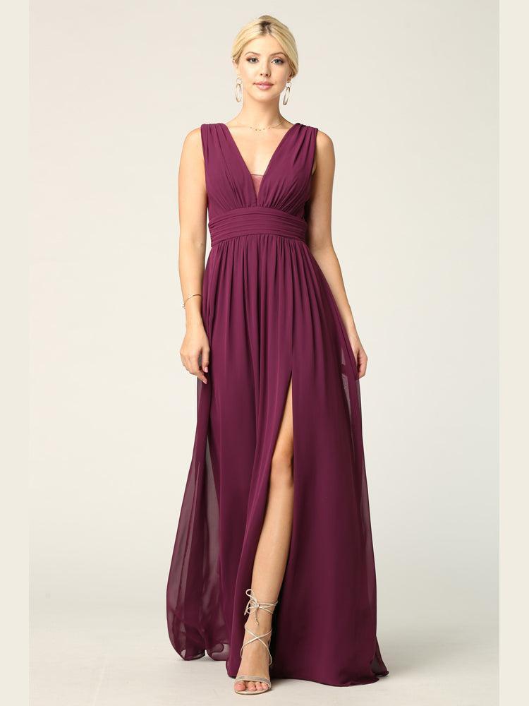 Long Sleeveless Formal Bridesmaids V Neck Dress Sale - The Dress Outlet