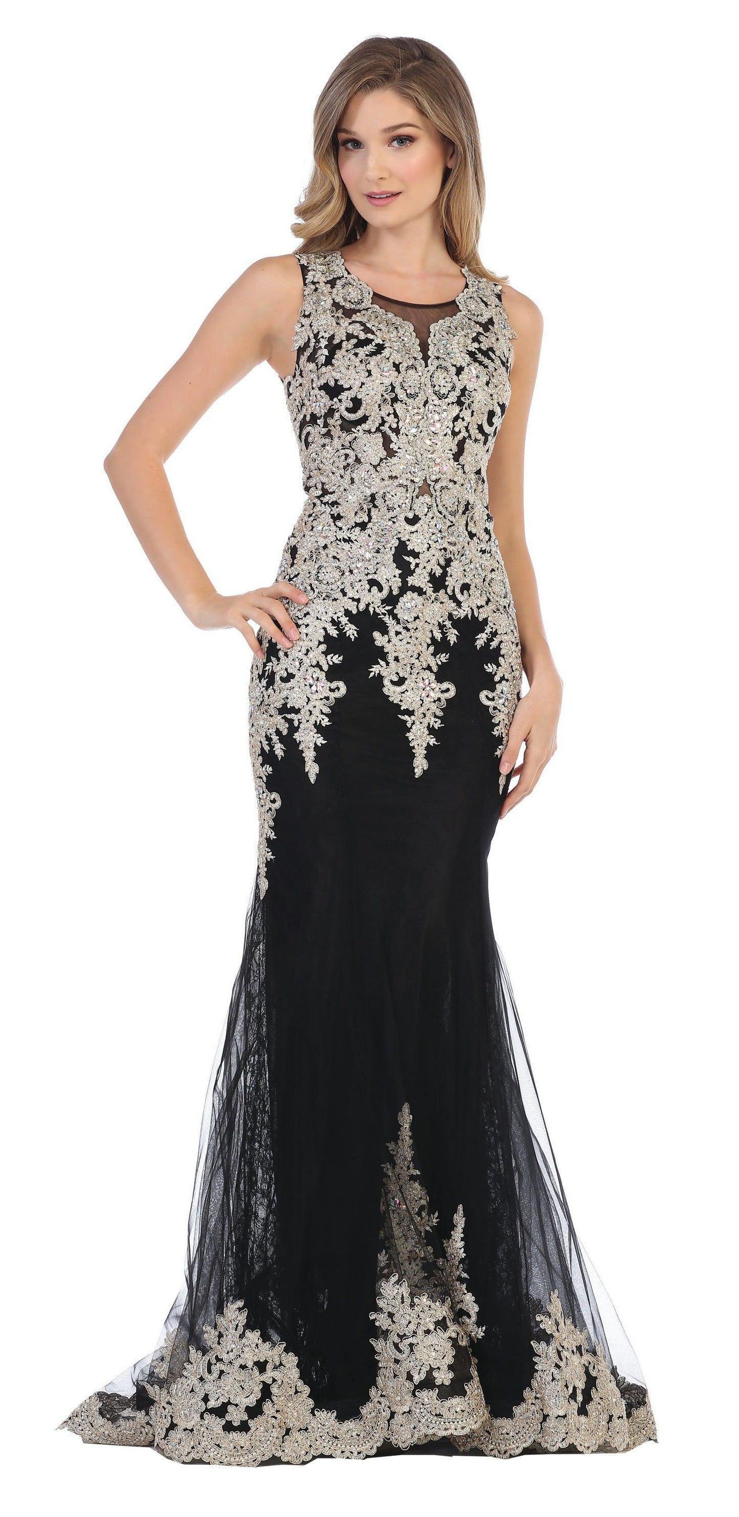 Long Sleeveless Formal Mermaid Lace Prom Dress - The Dress Outlet