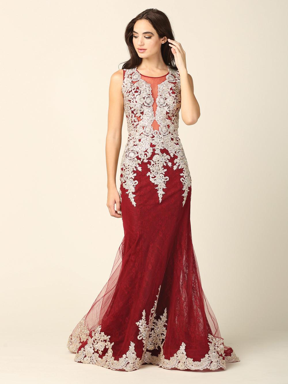 Long Sleeveless Formal Mermaid Lace Prom Dress - The Dress Outlet