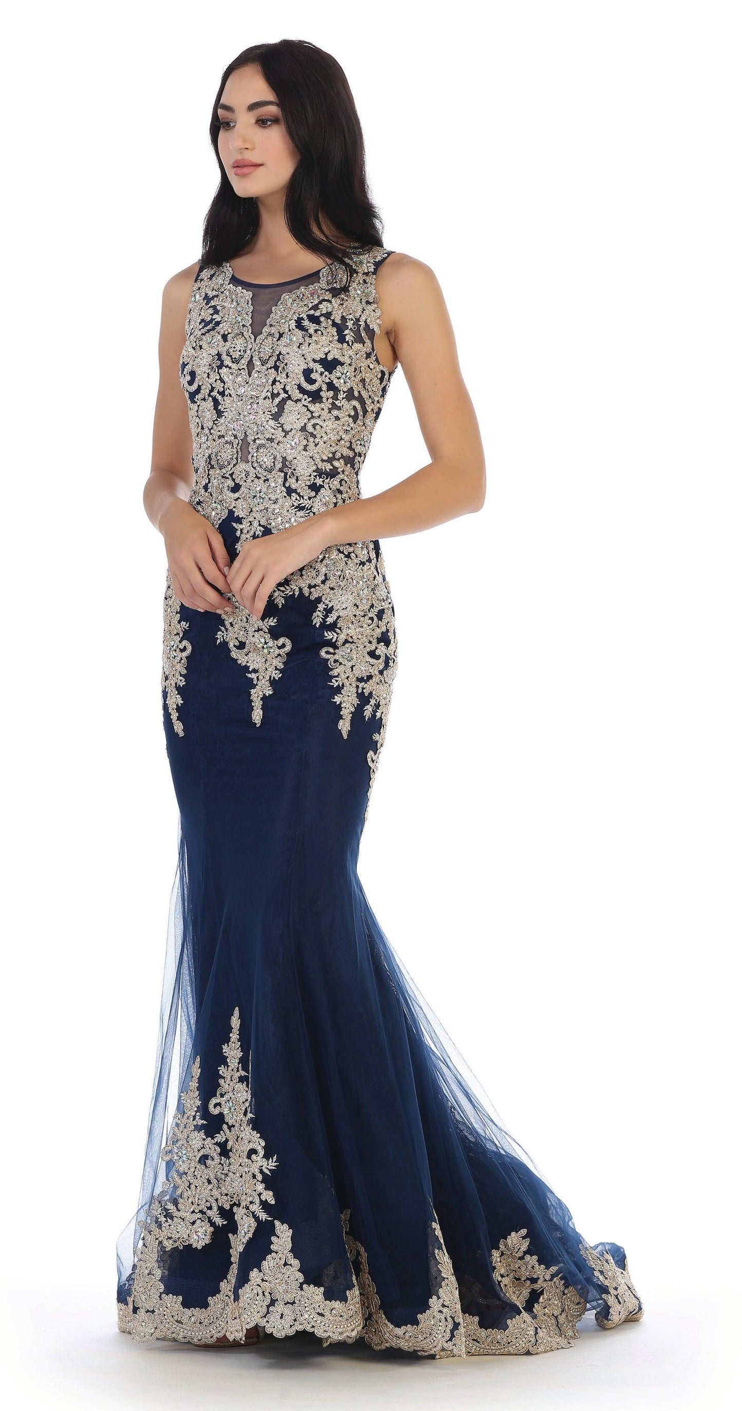 Long Sleeveless Formal Mermaid Lace Prom Dress - The Dress Outlet