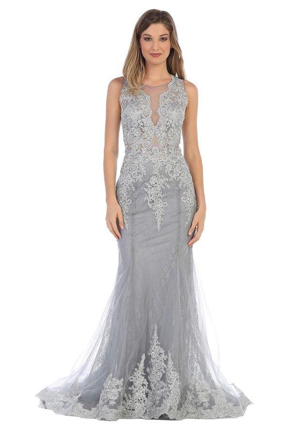 Long Sleeveless Formal Mermaid Lace Prom Dress - The Dress Outlet