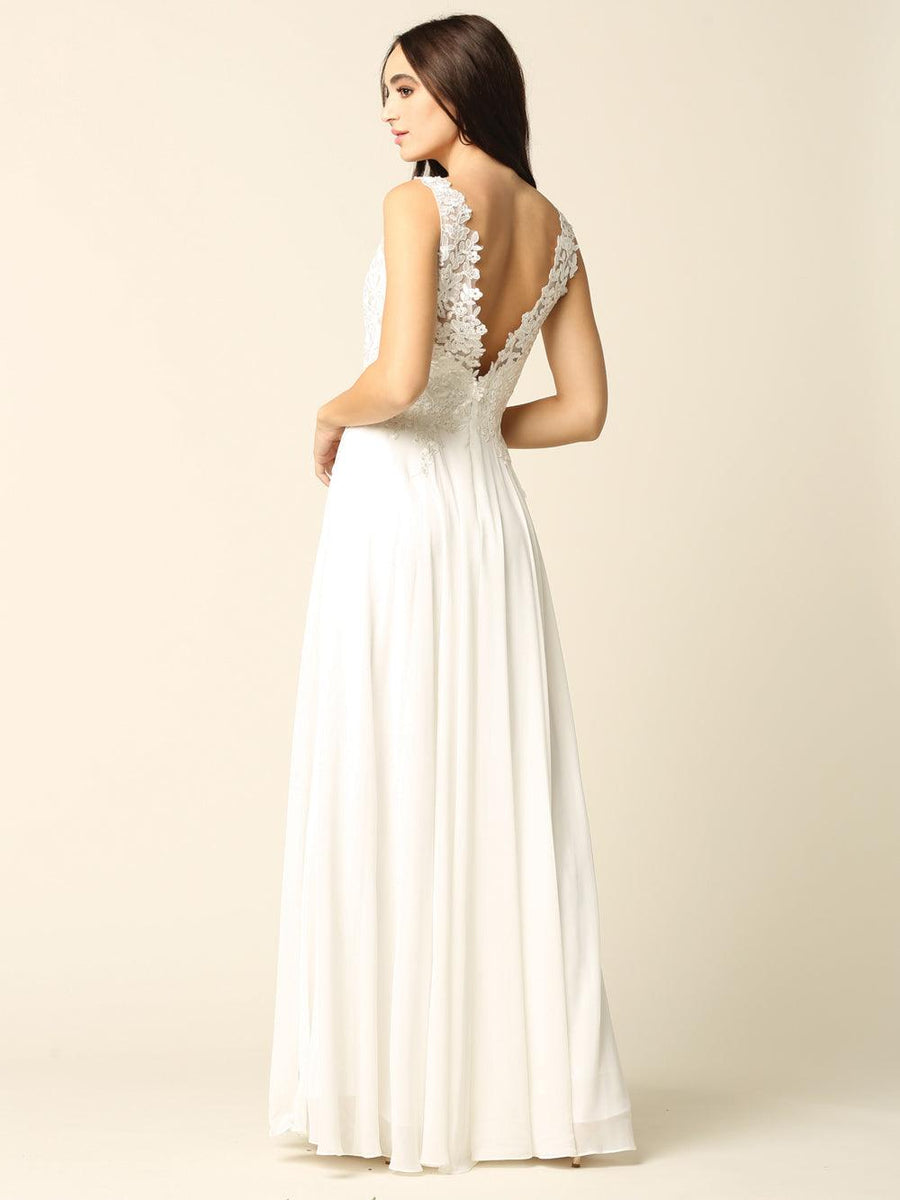 Long Sleeveless Lace Chiffon Wedding Gown - The Dress Outlet