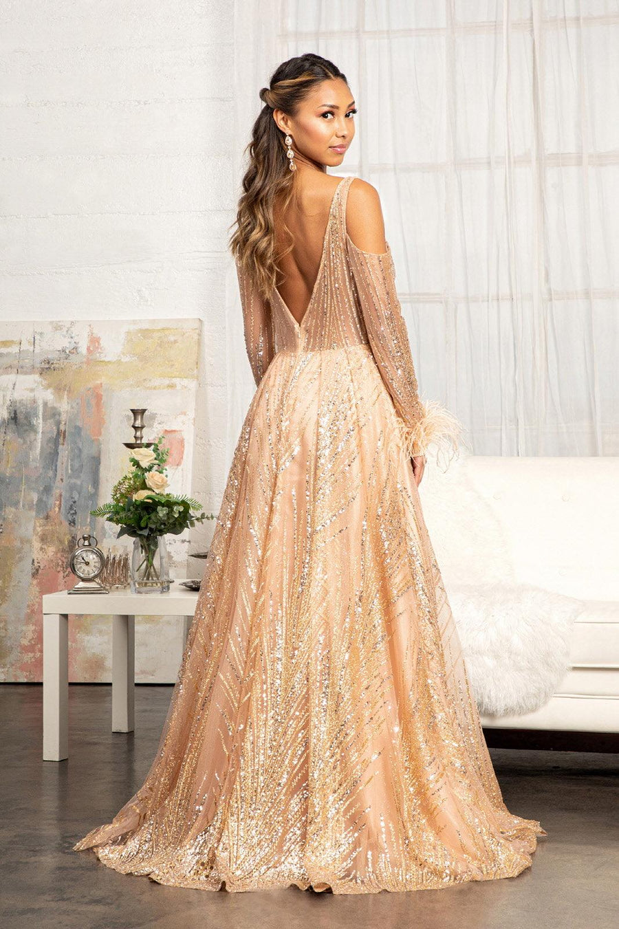 Long Sleeves Glitter A-line Long Prom Dress Rose Gold