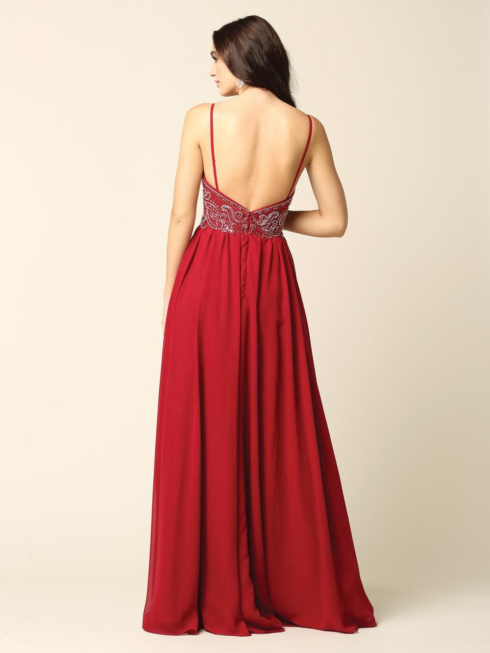 Long Spaghetti Strap Beaded Formal Chiffon Dress - The Dress Outlet