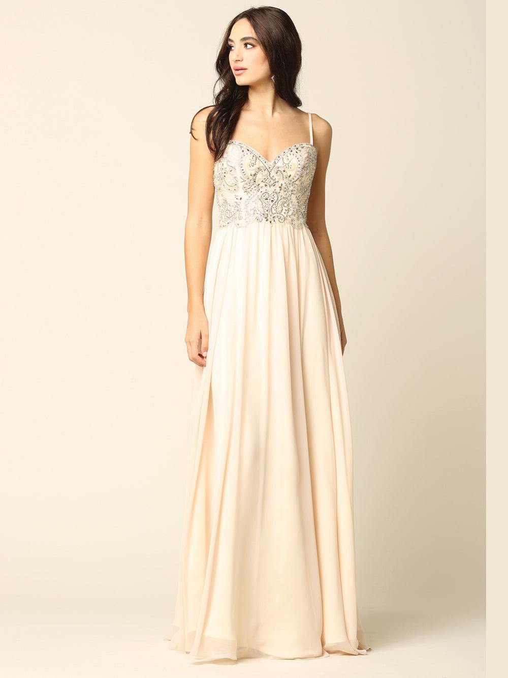 Long Spaghetti Strap Beaded Formal Chiffon Dress - The Dress Outlet