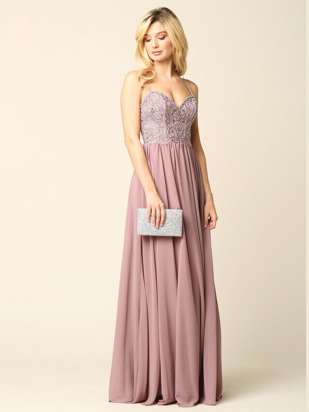 Long Spaghetti Strap Beaded Formal Chiffon Dress - The Dress Outlet